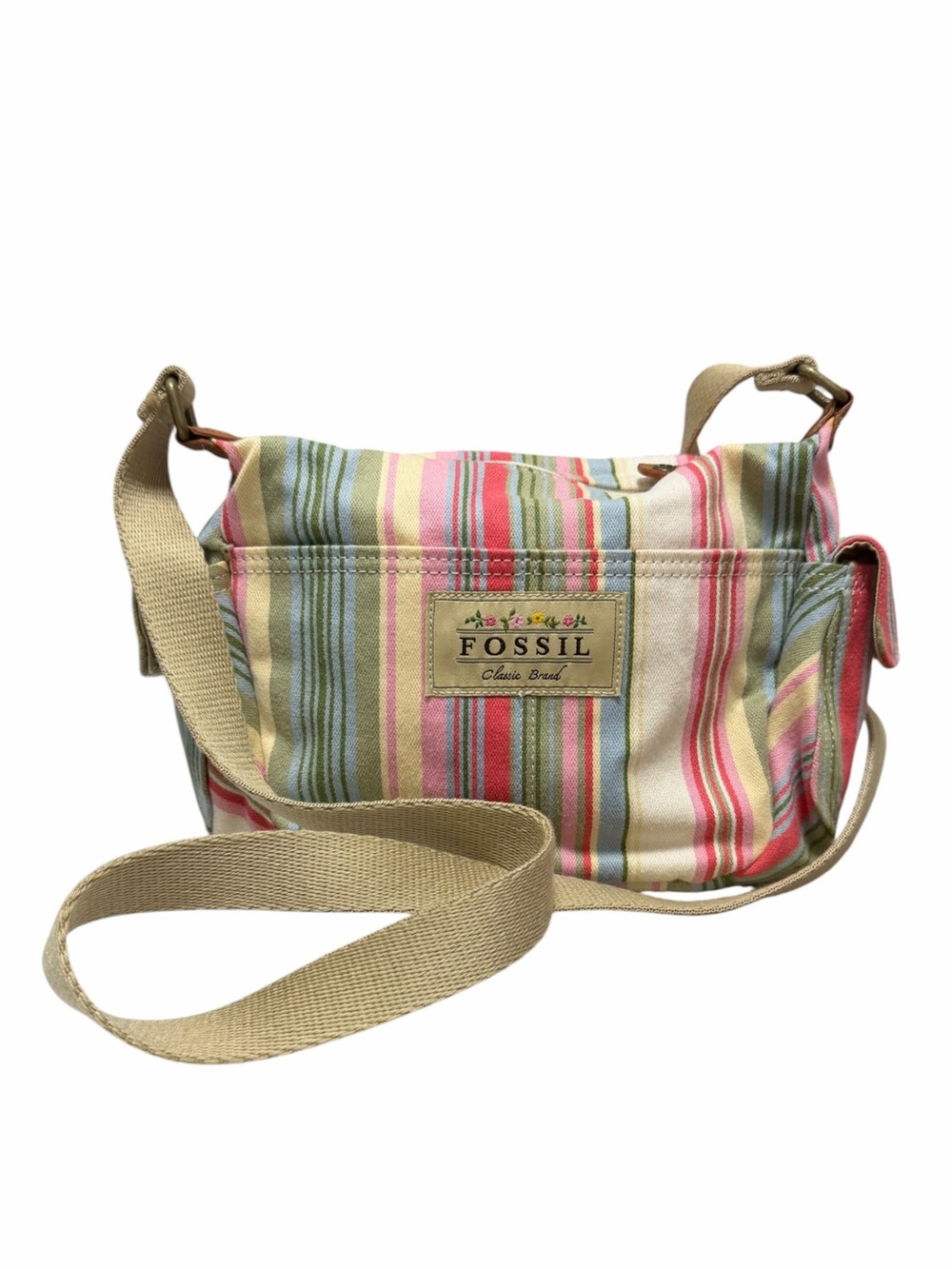 Fossil White/Pink/Blue Stripe Canvas Crossbody Handbag
